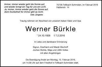 Traueranzeige von Werner Bürkle von Stuttgarter Zeitung / Stuttgarter Nachrichten