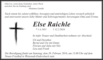 Traueranzeige von Else Raichle von Stuttgarter Zeitung / Stuttgarter Nachrichten