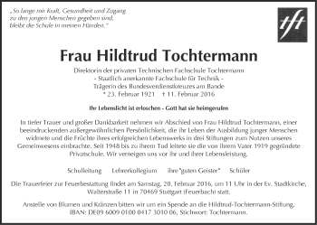 Traueranzeige von Hildtrud Tochtermann von Stuttgarter Zeitung / Stuttgarter Nachrichten