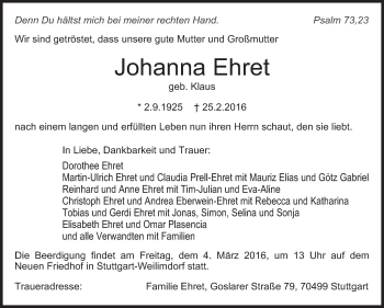 Traueranzeige von Johanna Ehret von Stuttgarter Zeitung / Stuttgarter Nachrichten
