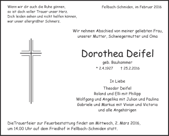 Traueranzeige von Dorothea Deifel von Stuttgarter Zeitung / Stuttgarter Nachrichten