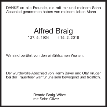 Traueranzeige von Alfred Braig von Stuttgarter Zeitung / Stuttgarter Nachrichten