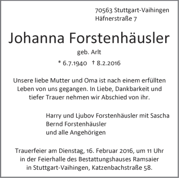 Traueranzeige von Johanna Forstenhäusler von Stuttgarter Zeitung / Stuttgarter Nachrichten