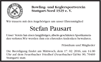 Traueranzeige von Stefan Pausart von Stuttgarter Zeitung / Stuttgarter Nachrichten