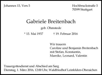 Traueranzeige von Gabriele Breitenbach von Stuttgarter Zeitung / Stuttgarter Nachrichten