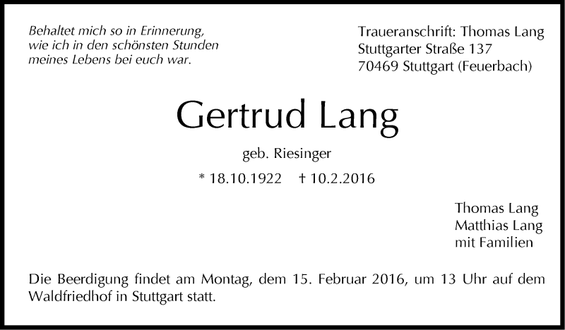  Traueranzeige für Gertrud Lang vom 12.02.2016 aus Stuttgarter Zeitung / Stuttgarter Nachrichten