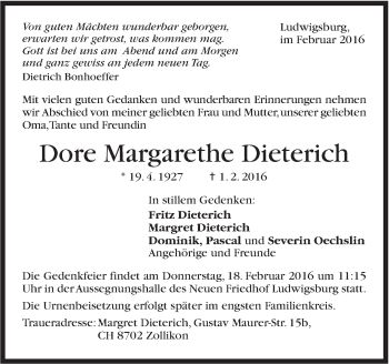 Traueranzeige von Dore Margarethe Dieterich von Stuttgarter Zeitung / Stuttgarter Nachrichten