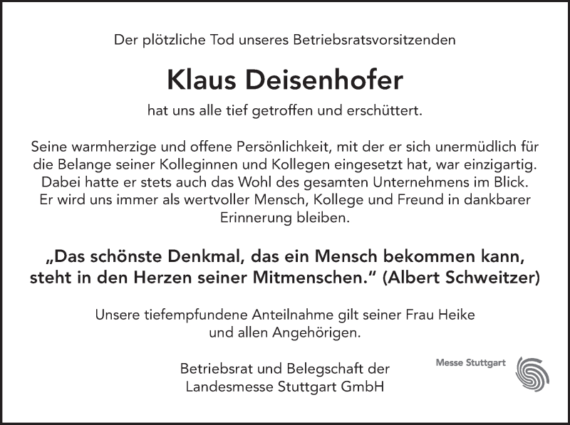 Traueranzeige für Klaus Deisenhofer vom 03.02.2016 aus Stuttgarter Zeitung / Stuttgarter Nachrichten