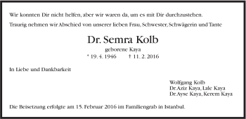 Traueranzeige von Semra Kolb von Stuttgarter Zeitung / Stuttgarter Nachrichten