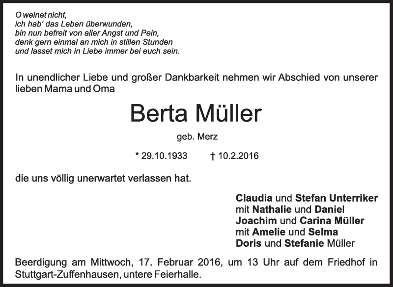  Traueranzeige für Berta Müller vom 15.02.2016 aus Stuttgarter Zeitung / Stuttgarter Nachrichten