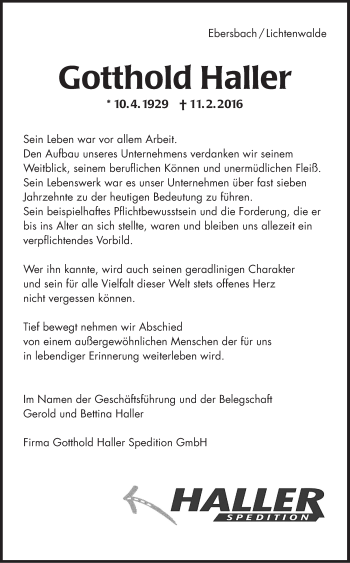 Traueranzeige von Gotthold Haller von Stuttgarter Zeitung / Stuttgarter Nachrichten