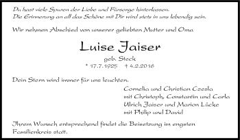 Traueranzeige von Luise Jaiser von Stuttgarter Zeitung / Stuttgarter Nachrichten