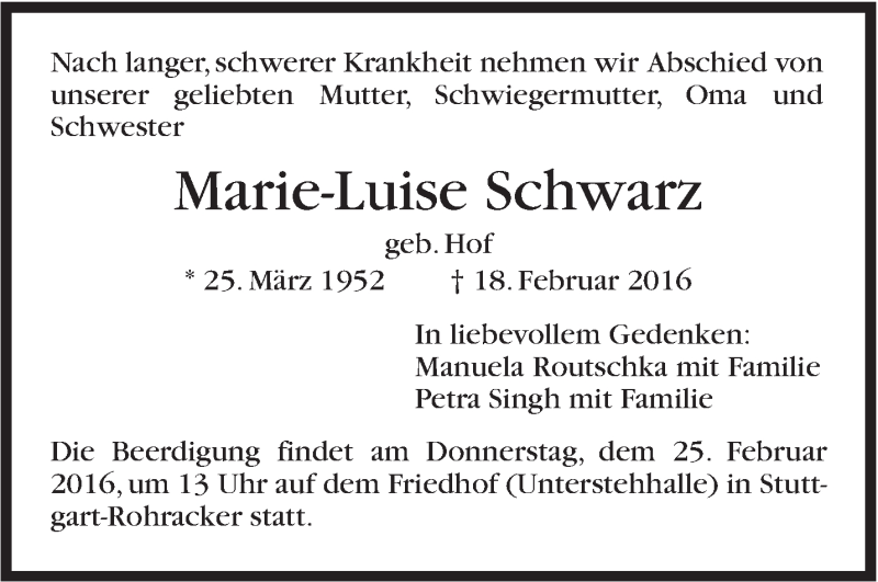  Traueranzeige für Marie-Luise Schwarz vom 22.02.2016 aus Stuttgarter Zeitung / Stuttgarter Nachrichten