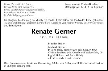 Traueranzeige von Renate Gerner von Stuttgarter Zeitung / Stuttgarter Nachrichten