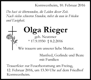 Traueranzeige von Olga Rieger von Stuttgarter Zeitung / Stuttgarter Nachrichten