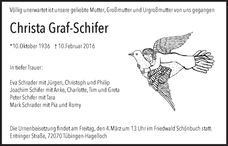  Traueranzeige für Christa Graf-Schifer vom 27.02.2016 aus Stuttgarter Zeitung / Stuttgarter Nachrichten