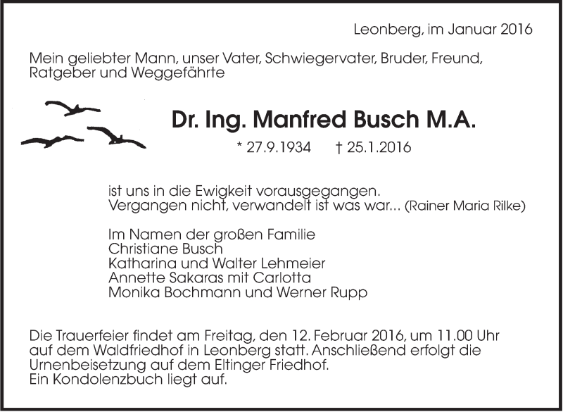  Traueranzeige für Manfred Busch vom 05.02.2016 aus Stuttgarter Zeitung / Stuttgarter Nachrichten