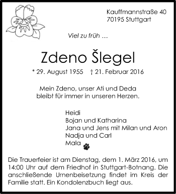 Traueranzeige von Zdeno Slegel von Stuttgarter Zeitung / Stuttgarter Nachrichten