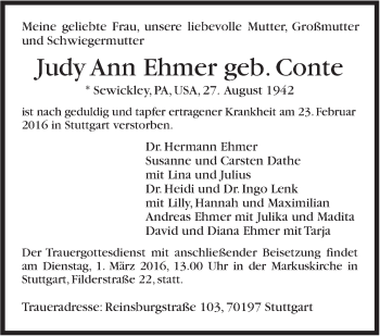 Traueranzeige von Judy Ann Ehmer von Stuttgarter Zeitung / Stuttgarter Nachrichten