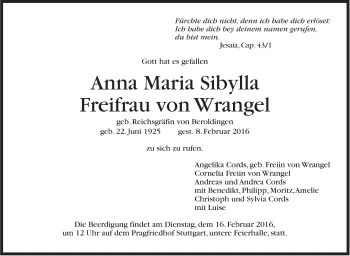Traueranzeige von Anna Maria Sibylla Freifrau von Wrangel von Stuttgarter Zeitung / Stuttgarter Nachrichten