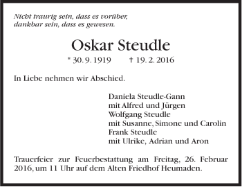Traueranzeige von Oskar Steudle von Stuttgarter Zeitung / Stuttgarter Nachrichten
