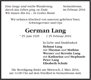 Traueranzeige von German Lang von Stuttgarter Zeitung / Stuttgarter Nachrichten