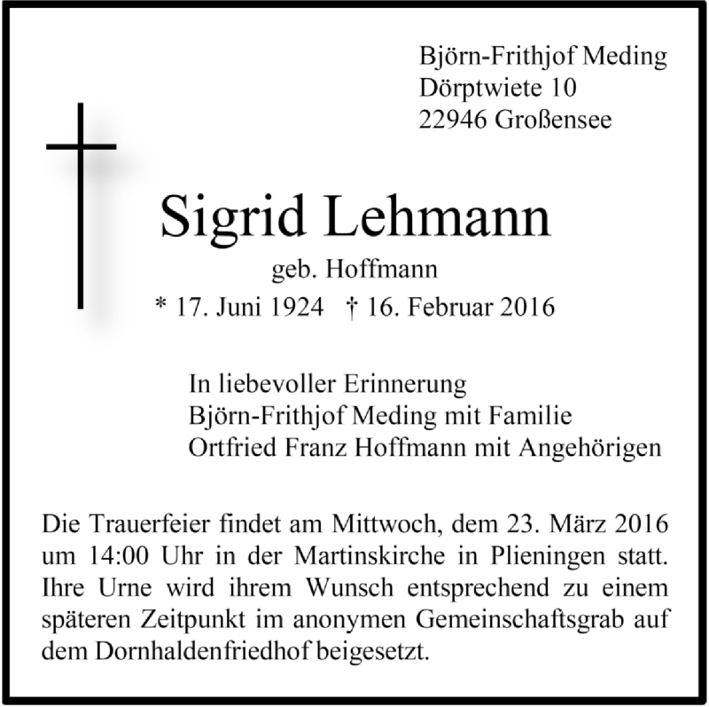  Traueranzeige für Sigrid Lehmann vom 29.02.2016 aus Stuttgarter Zeitung / Stuttgarter Nachrichten