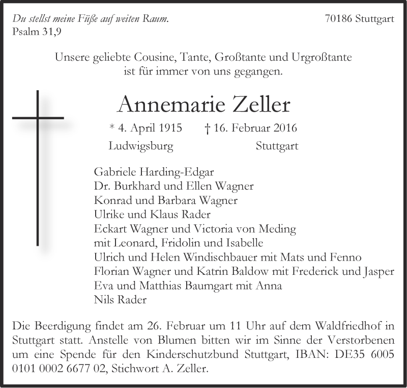  Traueranzeige für Annemarie Zeller vom 20.02.2016 aus Stuttgarter Zeitung / Stuttgarter Nachrichten