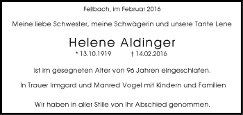 Traueranzeige von Helene Aldinger von Stuttgarter Zeitung / Stuttgarter Nachrichten