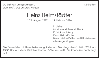 Traueranzeige von Heinz Heimstädter von Stuttgarter Zeitung / Stuttgarter Nachrichten