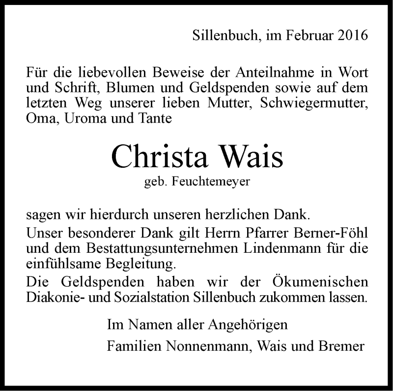  Traueranzeige für Christa Wais vom 20.02.2016 aus Stuttgarter Zeitung / Stuttgarter Nachrichten
