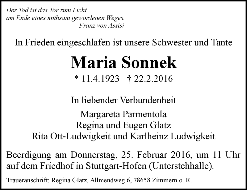  Traueranzeige für Maria Sonnek vom 23.02.2016 aus Stuttgarter Zeitung / Stuttgarter Nachrichten