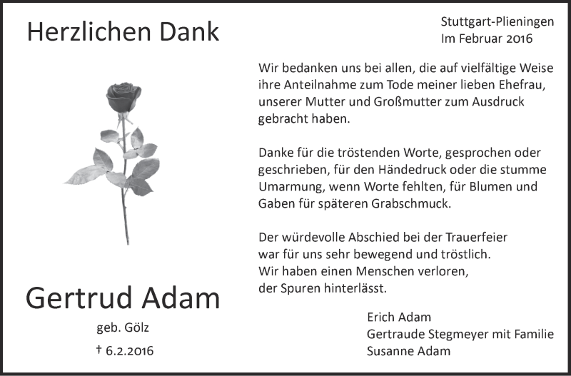  Traueranzeige für Gertrud Adam vom 20.02.2016 aus Stuttgarter Zeitung / Stuttgarter Nachrichten