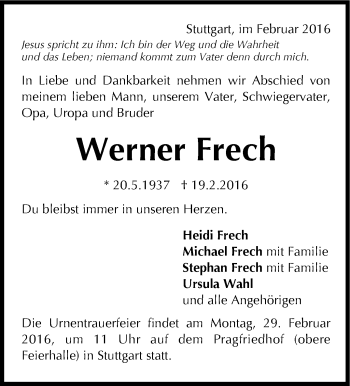 Traueranzeige von Werner Frech von Stuttgarter Zeitung / Stuttgarter Nachrichten