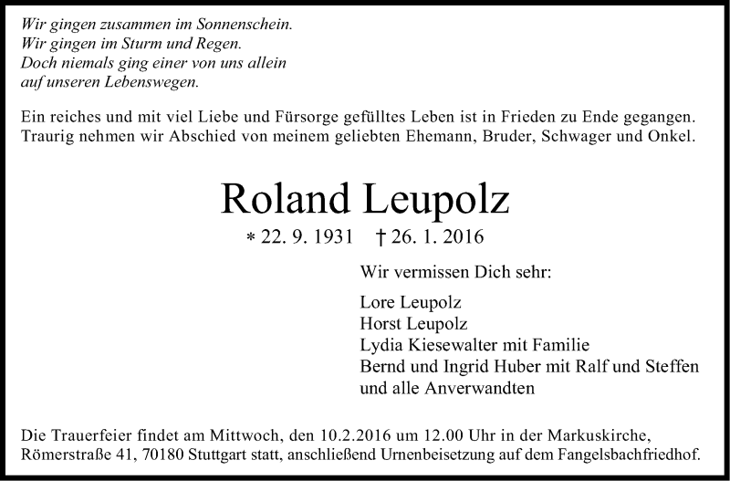  Traueranzeige für Roland Leupolz vom 05.02.2016 aus Stuttgarter Zeitung / Stuttgarter Nachrichten