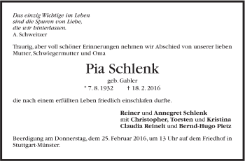 Traueranzeige von Pia Schlenk von Stuttgarter Zeitung / Stuttgarter Nachrichten