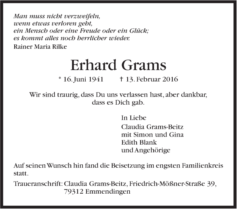  Traueranzeige für Erhard Grams vom 27.02.2016 aus Stuttgarter Zeitung / Stuttgarter Nachrichten
