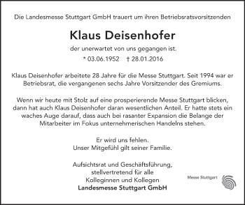 Traueranzeige von Klaus Deisenhofer von Stuttgarter Zeitung / Stuttgarter Nachrichten