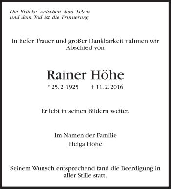 Traueranzeige von Rainer Höhe von Stuttgarter Zeitung / Stuttgarter Nachrichten