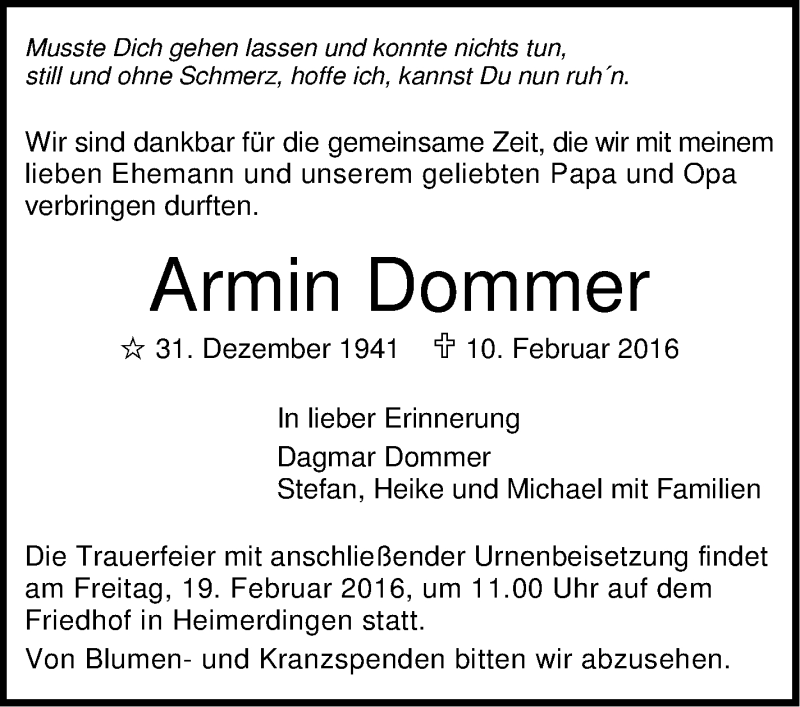  Traueranzeige für Armin Dommer vom 15.02.2016 aus Stuttgarter Zeitung / Stuttgarter Nachrichten