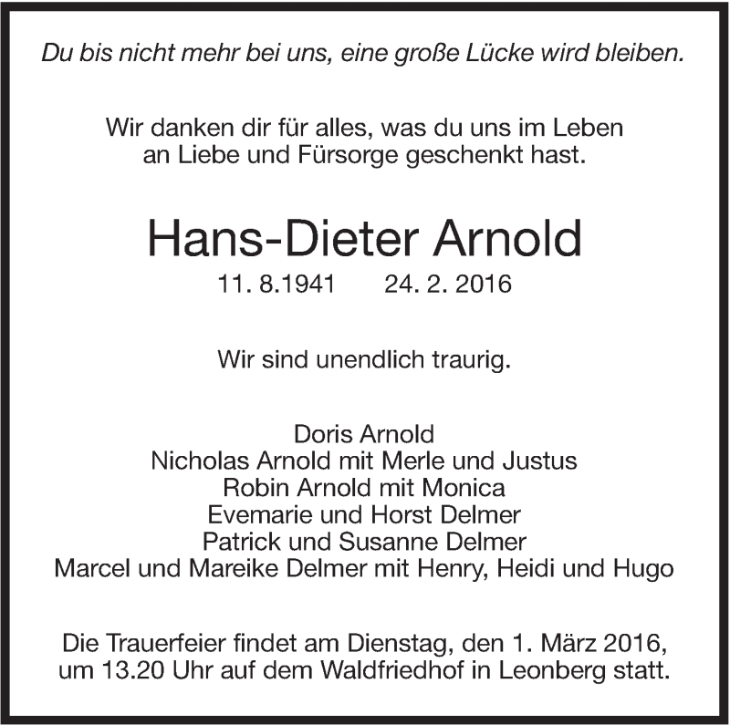  Traueranzeige für Hans-Dieter Arnold vom 26.02.2016 aus Stuttgarter Zeitung / Stuttgarter Nachrichten