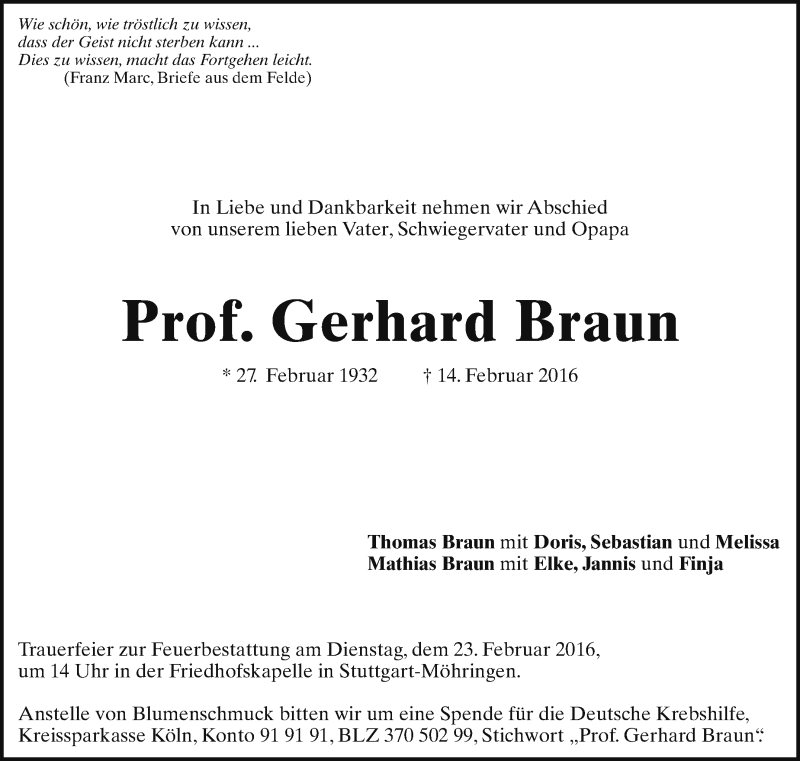  Traueranzeige für Gerhard Braun vom 17.02.2016 aus Stuttgarter Zeitung / Stuttgarter Nachrichten