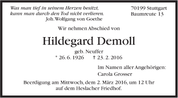 Traueranzeige von Hildegard Demoll von Stuttgarter Zeitung / Stuttgarter Nachrichten
