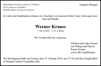 Traueranzeige von Werner Krauss von Stuttgarter Zeitung / Stuttgarter Nachrichten