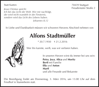 Traueranzeige von Alfons Stadtmüller von Stuttgarter Zeitung / Stuttgarter Nachrichten