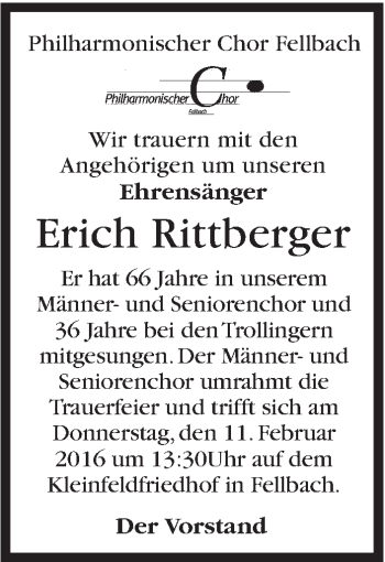 Traueranzeige von Erich Rittberger von Stuttgarter Zeitung / Stuttgarter Nachrichten