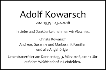 Traueranzeige von Adolf Kowarsch von Stuttgarter Zeitung / Stuttgarter Nachrichten