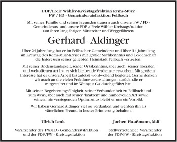 Traueranzeige von Gerhard Aldinger von Stuttgarter Zeitung / Stuttgarter Nachrichten