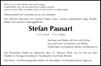 Traueranzeige von Stefan Pausart von Stuttgarter Zeitung / Stuttgarter Nachrichten