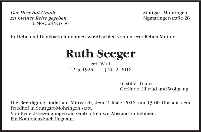  Traueranzeige für Ruth Seeger vom 29.02.2016 aus Stuttgarter Zeitung / Stuttgarter Nachrichten